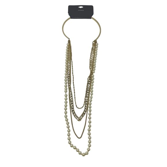 Express Multi Strand Long Statement Necklace Pearls Gold Tone Chains NEW - Picture 1 of 5